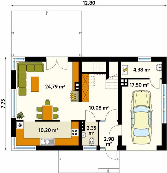 Projekt domu Magnolia 3 - rzut parteru, dom liczy 3 pokoje, 2 łazienki i wc
