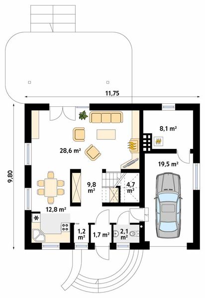 Projekt domu Chaber 3 - rzut parteru, dom liczy 3 pokoje, 3 łazienki i wc
