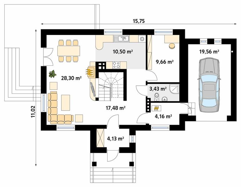 Projekt domu Sójka - rzut parteru, dom liczy 4 pokoje, 2 łazienki i wc