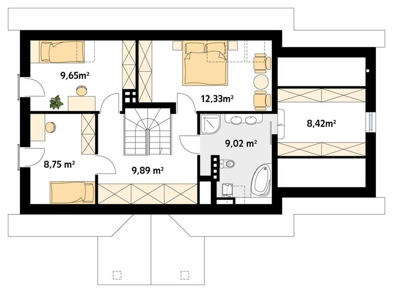 Projekt domu Sójka - rzut poddasza, dom liczy 4 pokoje, 2 łazienki i wc