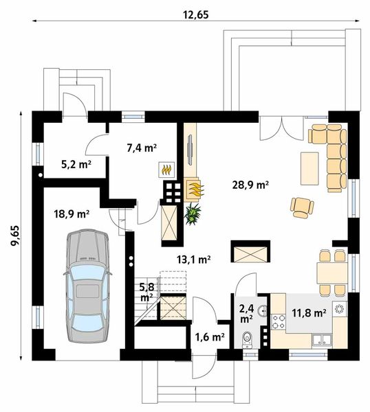 Projekt domu Carmen - rzut parteru, dom liczy 3 pokoje, 2 łazienki i wc
