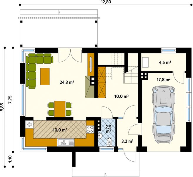 Projekt domu Magnolia - rzut parteru, dom liczy 3 pokoje, 2 łazienki i wc