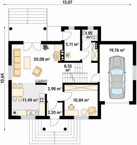 Projekt domu Pik dr-S - rzut parteru, dom liczy 4 pokoje, 2 łazienki i wc