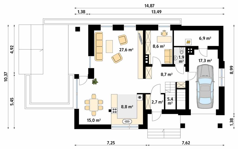 Projekt domu Storczyk - rzut parteru, dom liczy 4 pokoje, 2 łazienki i wc