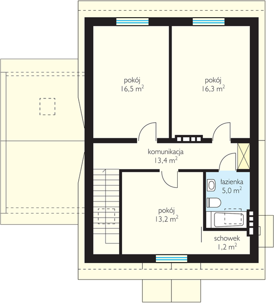 Projekt domu Filip - rzut poddasza, dom liczy 3 pokoje, 2 łazienki i wc