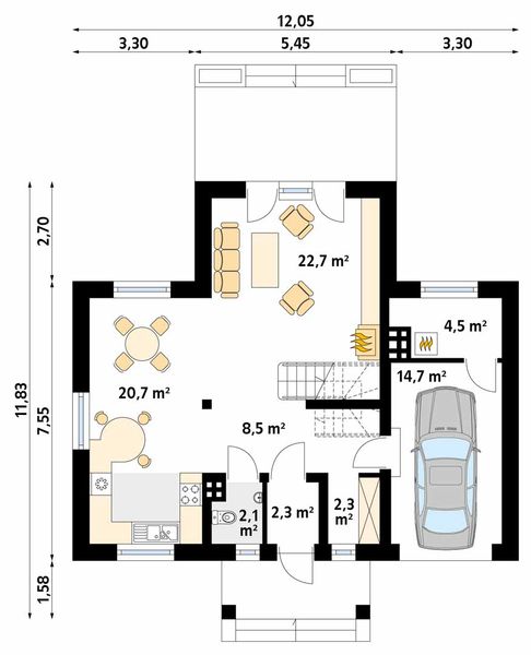 Projekt domu Alka - rzut parteru, dom liczy 3 pokoje, 2 łazienki i wc