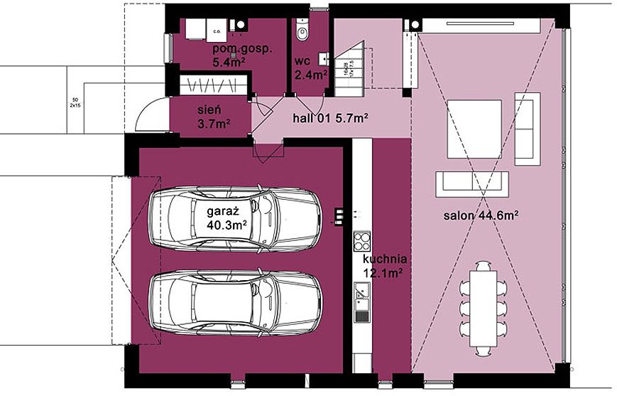 Projekt domu Domo 03C - rzut parteru, dom liczy 3 pokoje, 3 łazienki i wc