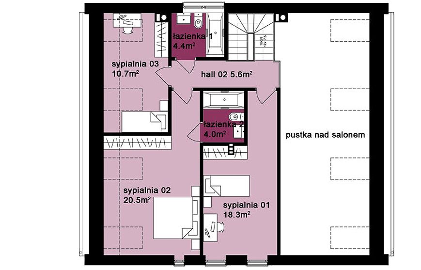 Projekt domu Domo 03C - rzut poddasza, dom liczy 3 pokoje, 3 łazienki i wc