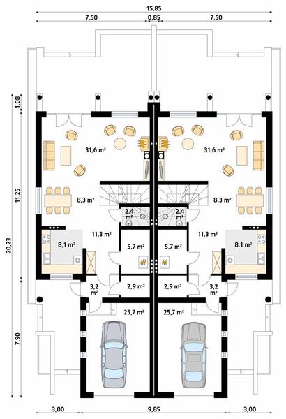 Parter projektu Larus 2 zabudowa bliźniacza, 2 segmenty