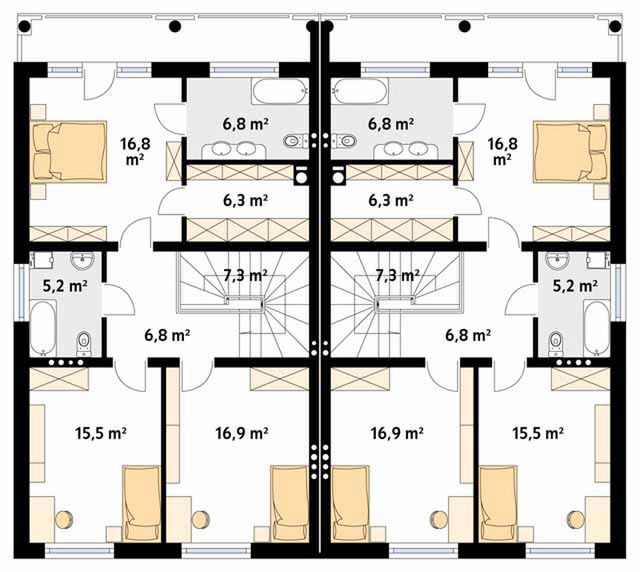 Piętro 1 projektu Larus 2 zabudowa bliźniacza, 2 segmenty