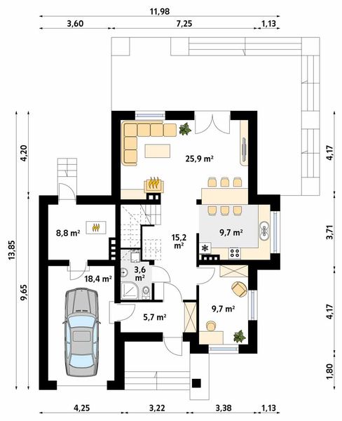 Projekt domu Kobalt - rzut parteru, dom liczy 4 pokoje, 3 łazienki i wc