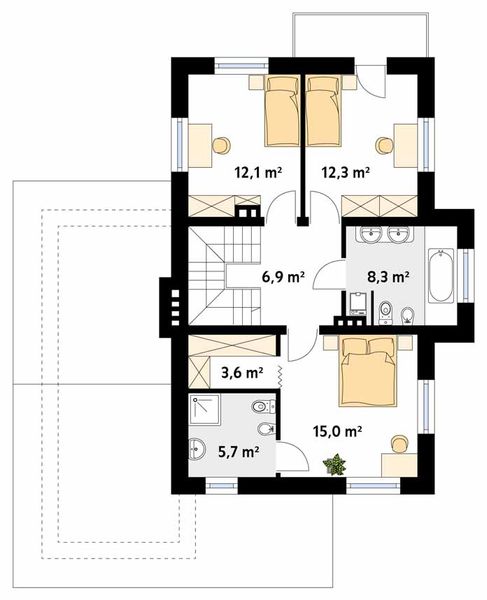 Projekt domu Kobalt - rzut 1 piętra, dom liczy 4 pokoje, 3 łazienki i wc
