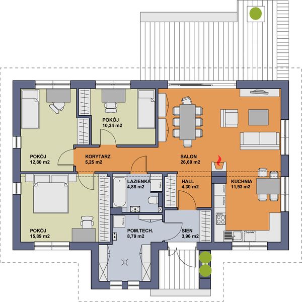 Projekt domu TK68 - rzut parteru, dom liczy 3 pokoje, 1 łazienki i wc
