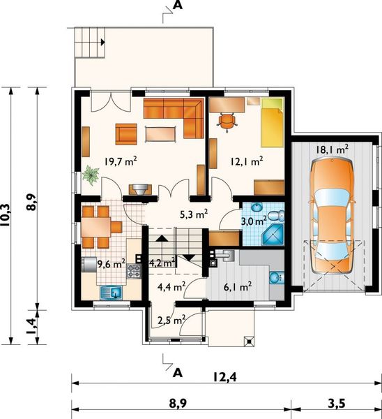 Projekt domu Krab (377) - rzut parteru, dom liczy 4 pokoje, 2 łazienki i wc
