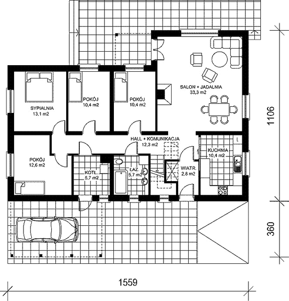Projekt domu Olga - rzut parteru, dom liczy 4 pokoje, 1 łazienki i wc