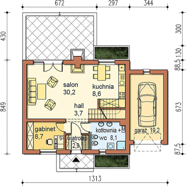 Projekt domu Mona z garażem - rzut parteru, dom liczy 4 pokoje, 1 łazienki i wc