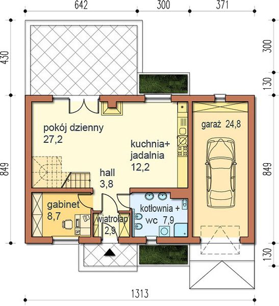 Projekt domu Mona wersja B - rzut parteru, dom liczy 3 pokoje, 1 łazienki i wc
