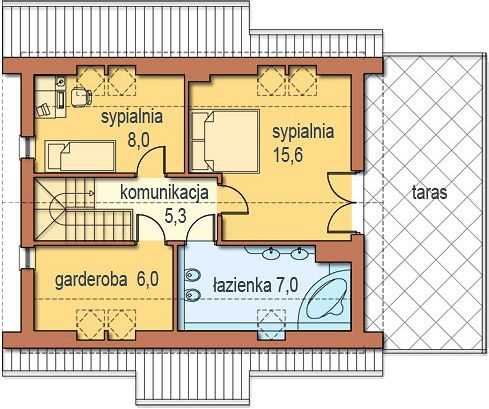 Projekt domu Mona wersja B - rzut poddasza, dom liczy 3 pokoje, 1 łazienki i wc