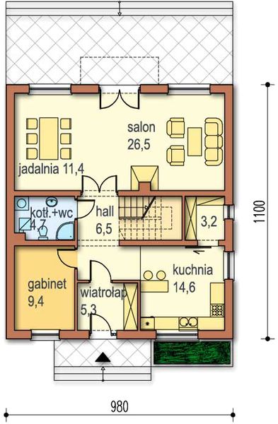 Projekt domu Melka - rzut parteru, dom liczy 4 pokoje, 1 łazienki i wc