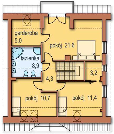 Projekt domu Melka - rzut poddasza, dom liczy 4 pokoje, 1 łazienki i wc