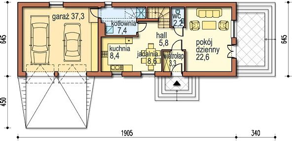 Projekt domu Magda - rzut parteru, dom liczy 3 pokoje, 2 łazienki i wc