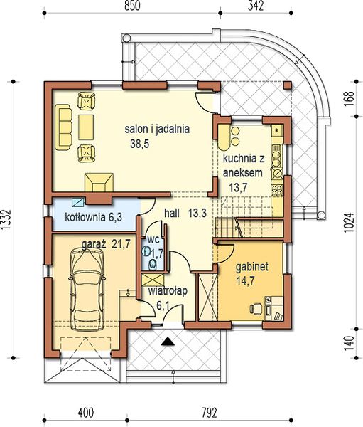 Projekt domu Arkadia - rzut parteru, dom liczy 4 pokoje, 3 łazienki i wc