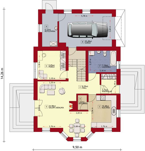 Projekt domu w Oregonie - rzut parteru, dom liczy 4 pokoje, 3 łazienki i wc