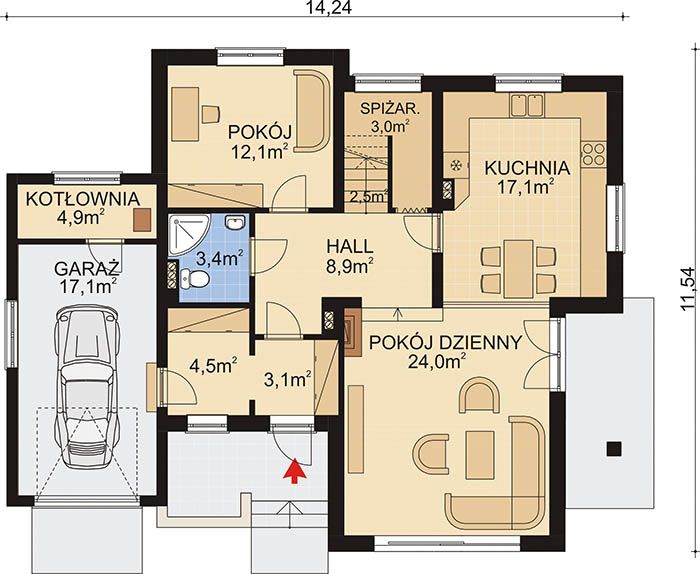 Projekt domu APS 076 - rzut parteru, dom liczy 4 pokoje, 2 łazienki i wc