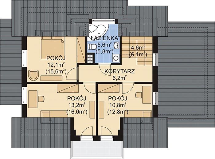 Projekt domu APS 228 - rzut poddasza, dom liczy 4 pokoje, 2 łazienki i wc
