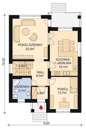 Projekt domu APS 007 - rzut parteru, dom liczy 4 pokoje, 2 łazienki i wc