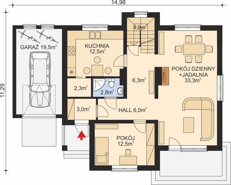 Projekt domu APS 038 - rzut parteru, dom liczy 5 pokoje, 2 łazienki i wc