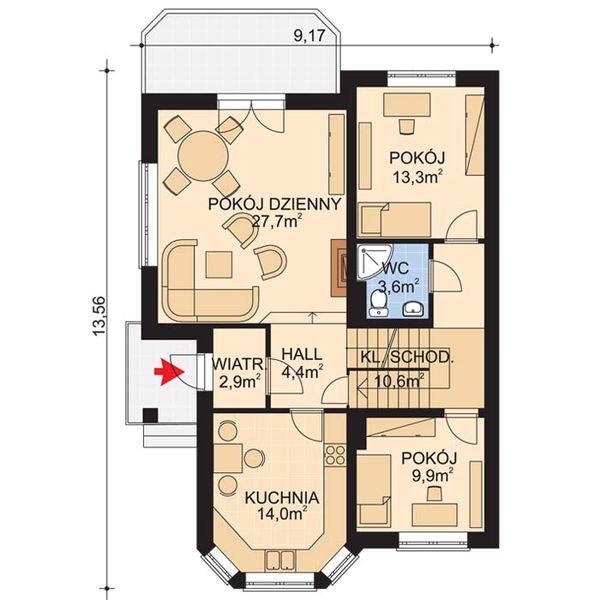 Projekt domu APS 051 - rzut parteru, dom liczy 5 pokoje, 2 łazienki i wc