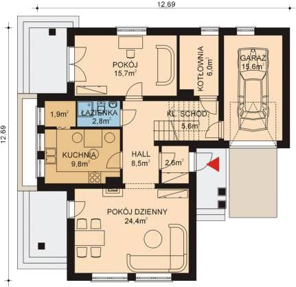 Projekt domu APS 057 - rzut parteru, dom liczy 4 pokoje, 3 łazienki i wc