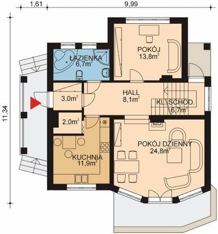 Projekt domu APS 061 - rzut parteru, dom liczy 4 pokoje, 2 łazienki i wc