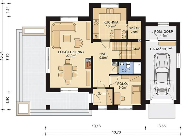 Projekt domu APS 004 + G - rzut parteru, dom liczy 4 pokoje, 2 łazienki i wc