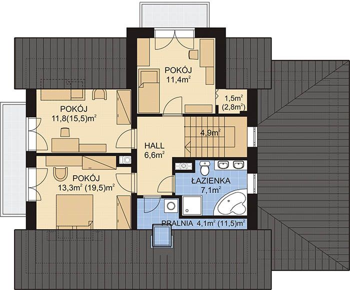 Projekt domu APS 004 + G - rzut poddasza, dom liczy 4 pokoje, 2 łazienki i wc