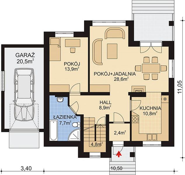 Projekt domu APS 008 + G - rzut parteru, dom liczy 5 pokoje, 2 łazienki i wc