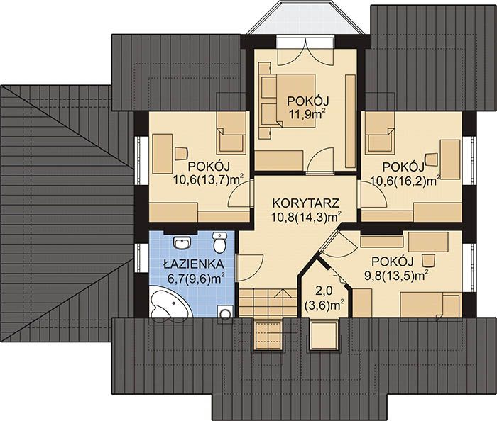 Projekt domu APS 008 + G - rzut poddasza, dom liczy 5 pokoje, 2 łazienki i wc