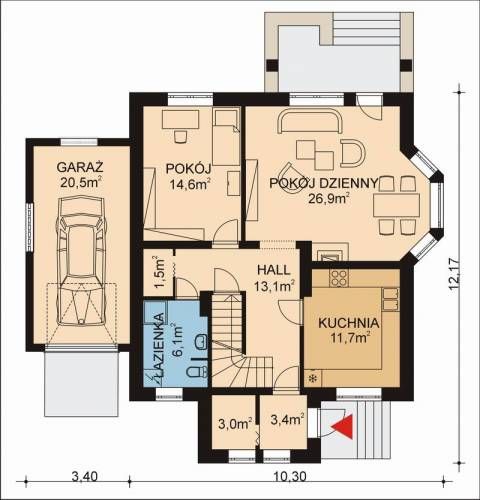 Projekt domu APS 009 + G - rzut parteru, dom liczy 4 pokoje, 2 łazienki i wc