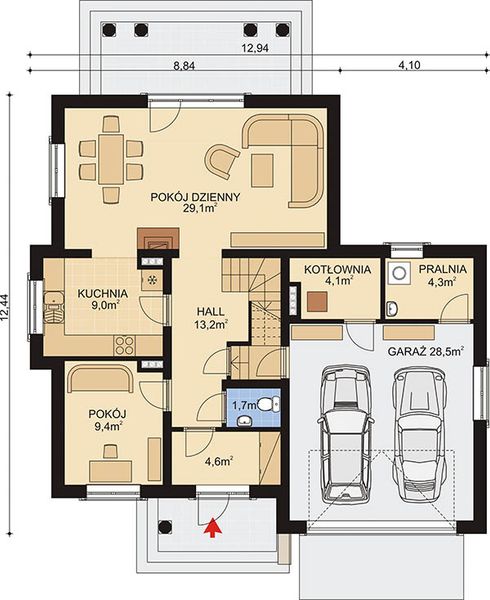 Projekt domu APS 147 - rzut parteru, dom liczy 4 pokoje, 2 łazienki i wc