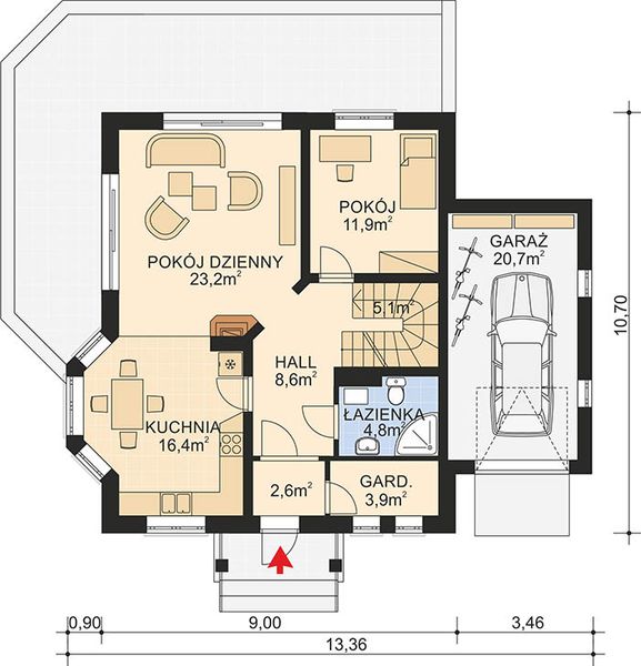 Projekt domu APS 034 - rzut parteru, dom liczy 4 pokoje, 3 łazienki i wc