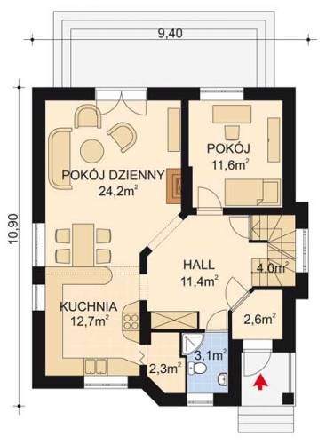 Projekt domu APS 005 - rzut parteru, dom liczy 4 pokoje, 2 łazienki i wc