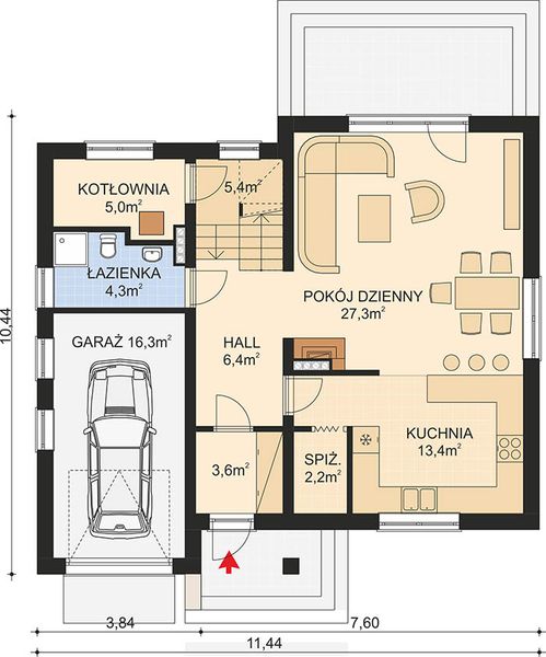 Projekt domu APS 127 - rzut parteru, dom liczy 3 pokoje, 2 łazienki i wc