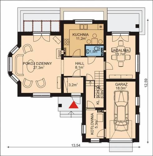 Projekt domu APS 129 - rzut parteru, dom liczy 2 pokoje, 3 łazienki i wc