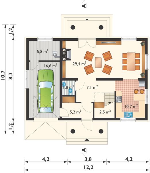 Projekt domu Gozdawa Polo - murowana – beton komórkowy - rzut parteru, dom liczy 4 pokoje, 2 łazienki i wc