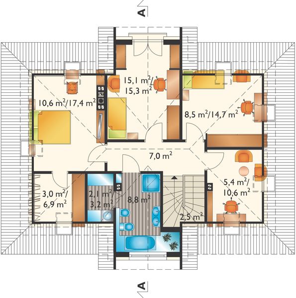 Projekt domu Gozdawa Polo - murowana – beton komórkowy - rzut poddasza, dom liczy 4 pokoje, 2 łazienki i wc