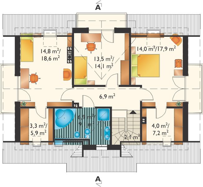 Projekt domu Gozdawa Pik - murowana – beton komórkowy - rzut poddasza, dom liczy 3 pokoje, 2 łazienki i wc