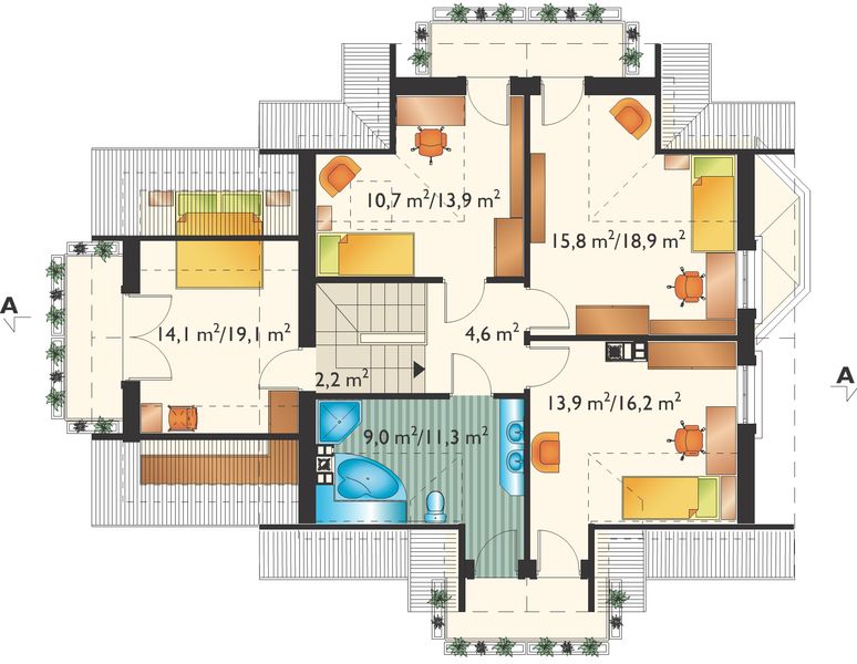 Projekt domu Kinga Lux - murowana – beton komórkowy - rzut poddasza, dom liczy 4 pokoje, 2 łazienki i wc