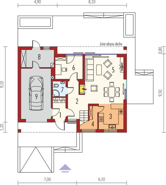 Projekt domu E4 G1 (wersja A) multi-comfort - rzut parteru, dom liczy 4 pokoje, 3 łazienki i wc