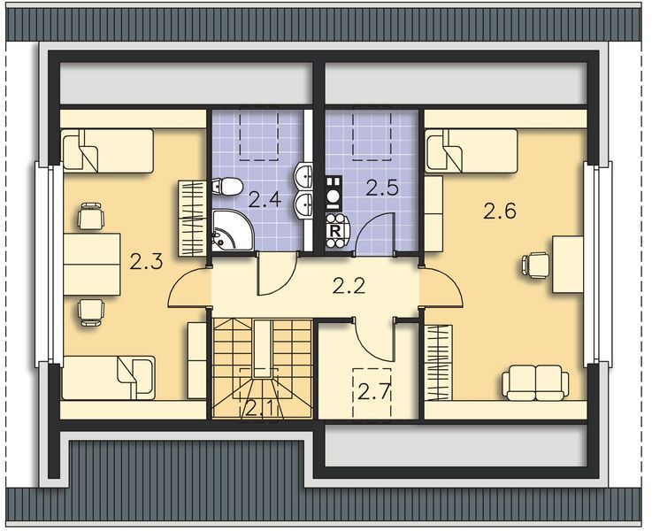 Projekt domu Tivoli II DCP305a - rzut poddasza, dom liczy 3 pokoje, 2 łazienki i wc